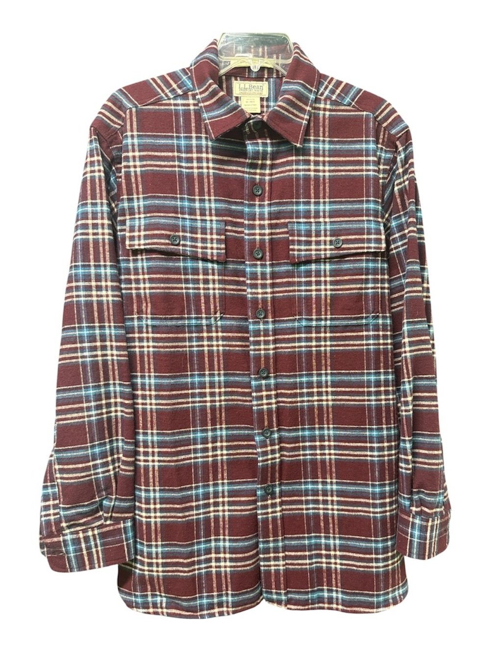 LLBean Classic Chamois Cloth Plaid Flannel 100% Cotton Shirt Men Burgundy M